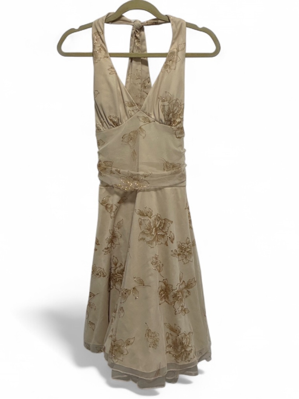 Y2K Ruby Rox Elegant Cream Glittery Floral V‑Neck Halter Dress